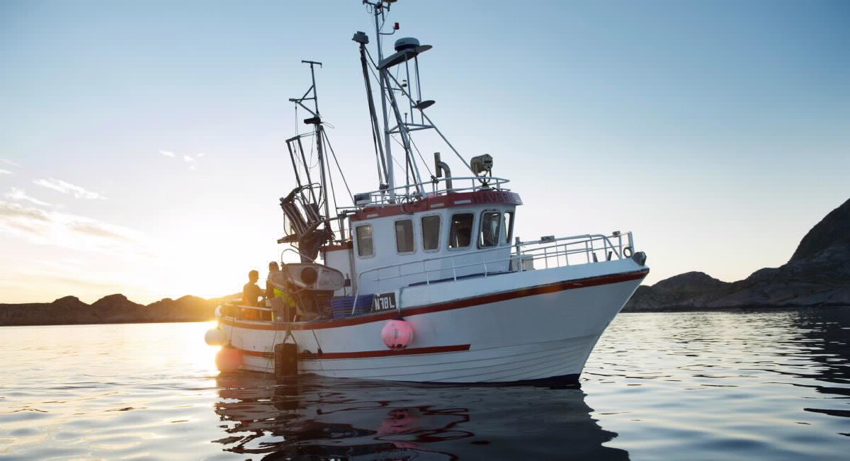 Liten fiskebåt på sjøen i solnedgang.