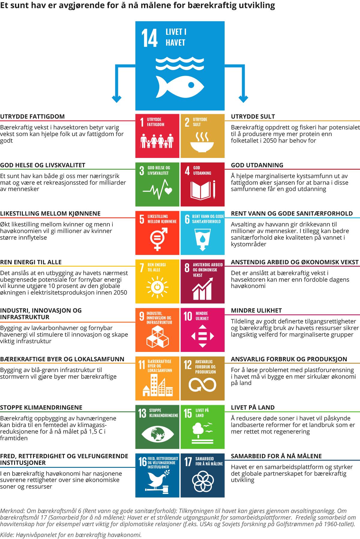 Illustrasjon av FNs bærekraftsmål med forklarende tekster.