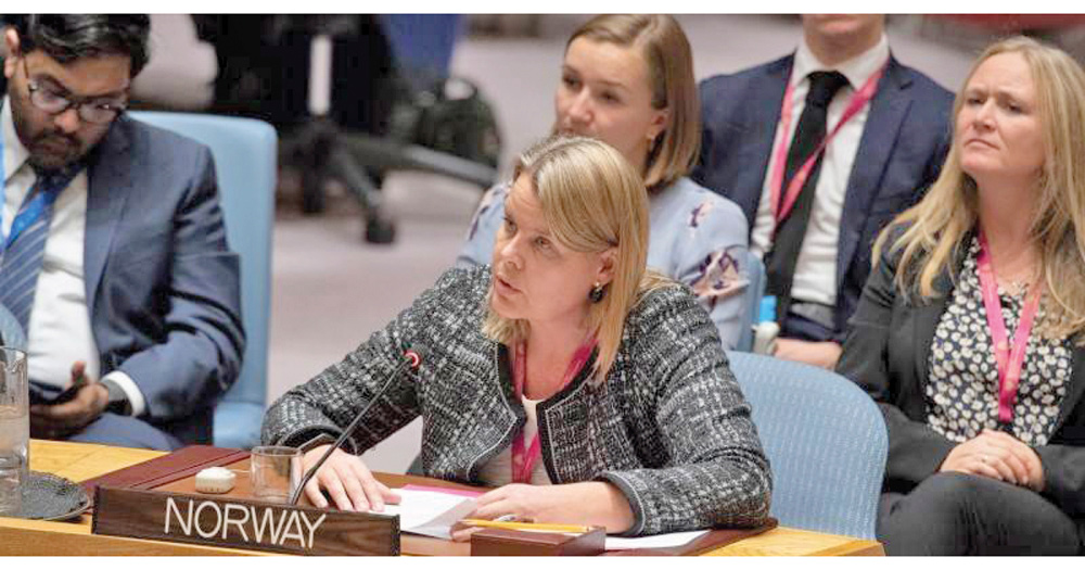 Figur 7.1 Ambassadør Mari Skåre holder innlegg på vegne av de nordiske landene under FNs sikkerhetsråds åpne møte om kvinner, fred og sikkerhet i oktober 2018. 
