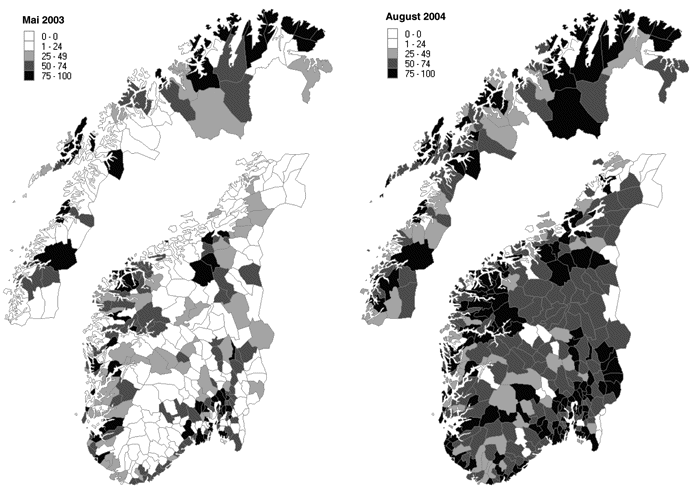Figur 3.1 Estimert bredbåndsdekning, august 2004 i forhold til
 mars 2003.