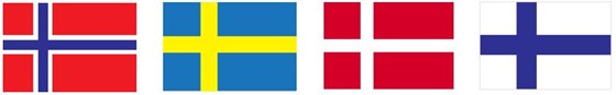 De nordiske flaggene på rekke. Norge, Sverige, Danmark og Finland