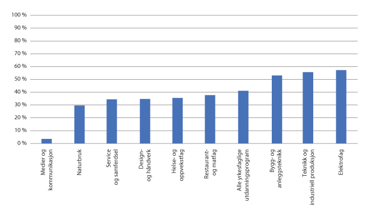 Figur 2.5 Andel elever som har fullført og bestått med yrkeskompetanse etter seks år med oppnådd fag eller svennebrev eller vitnemål. 2013–2019
