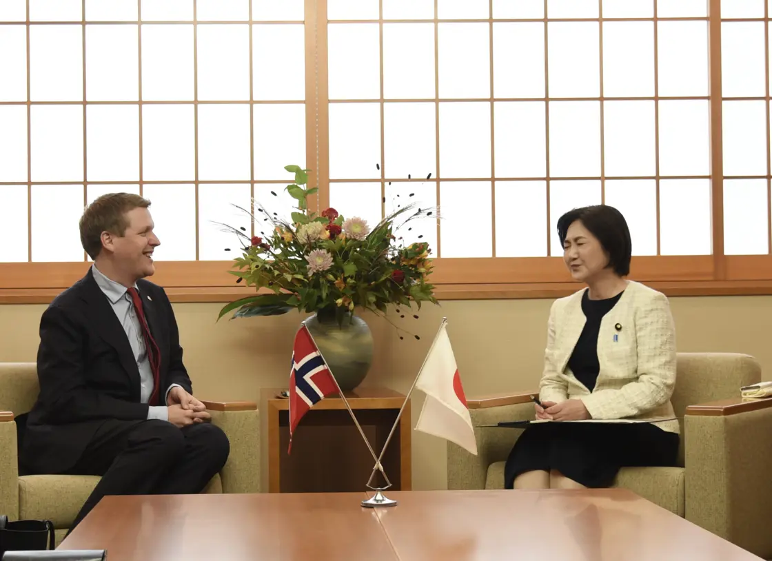 Utviklingsminister Åsmund Aukrust sitter i et møte med viseutenriksminister Akiko Ikuina. Foran dem står et bord med det norske og det japanske flagget.