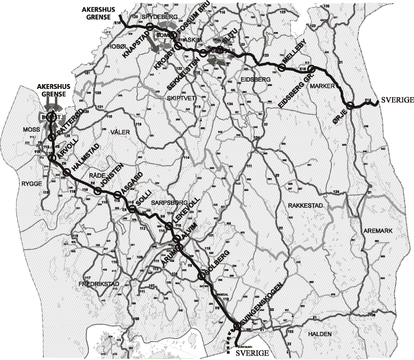 Figur 3.1 Kartskisse over utbyggingen av Ev 6 og Ev 18 i Østfold