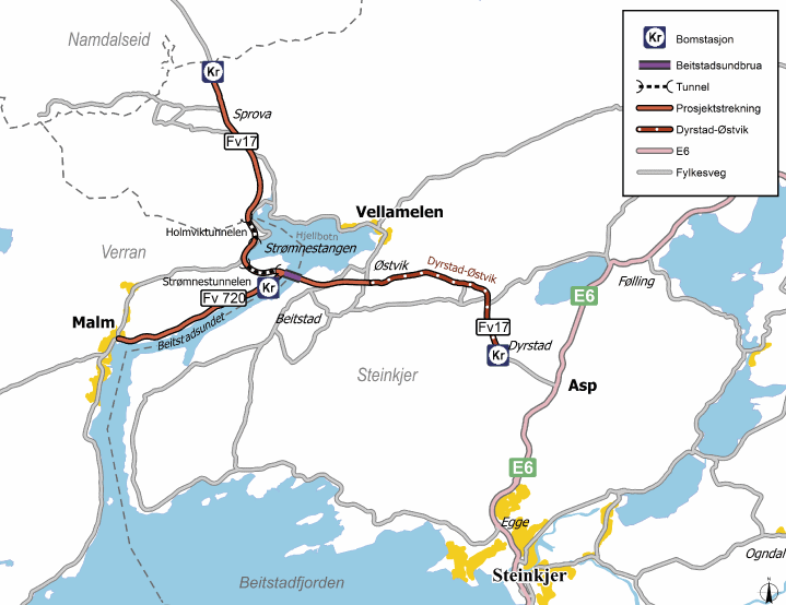 Figur 2.1 Kart over fv 17 / fv 720 Dyrstad – Sprova – Malm i Nord-Trøndelag