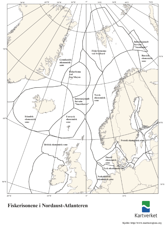 Figur 2.1 Kart som viser dei ulike fiskerisonene i Nordaust-Atlanteren

