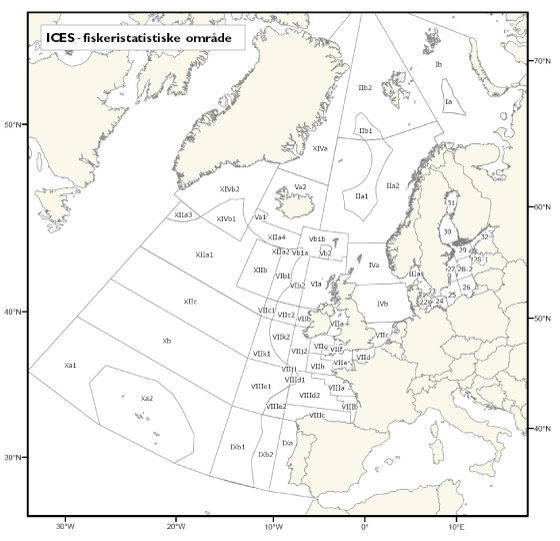 Figur 2.3 ICES sine fiskeristatistiske område 
