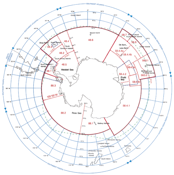 Figur 3.13 CCAMLR sitt konvensjonsområde og dei ulike underområda
