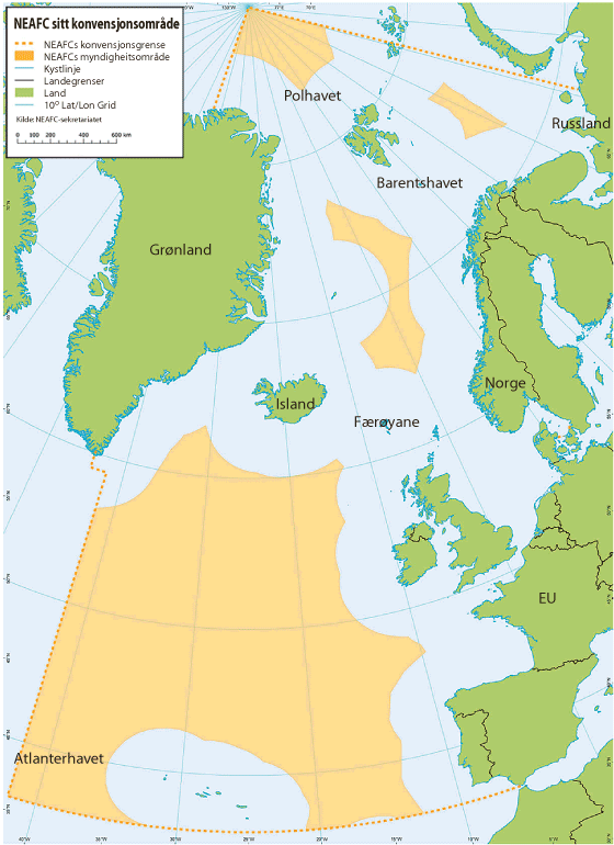 Figur 3.9 NEAFC sitt konvensjonsområde ligg innanfor dei stipla linjene, myndigheitsområde er merka i oransje 
