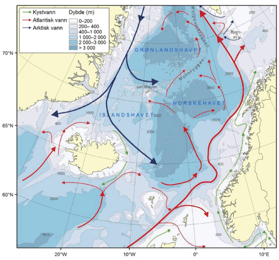 Figur 4.22 Norskehavet – straumar og djupn
