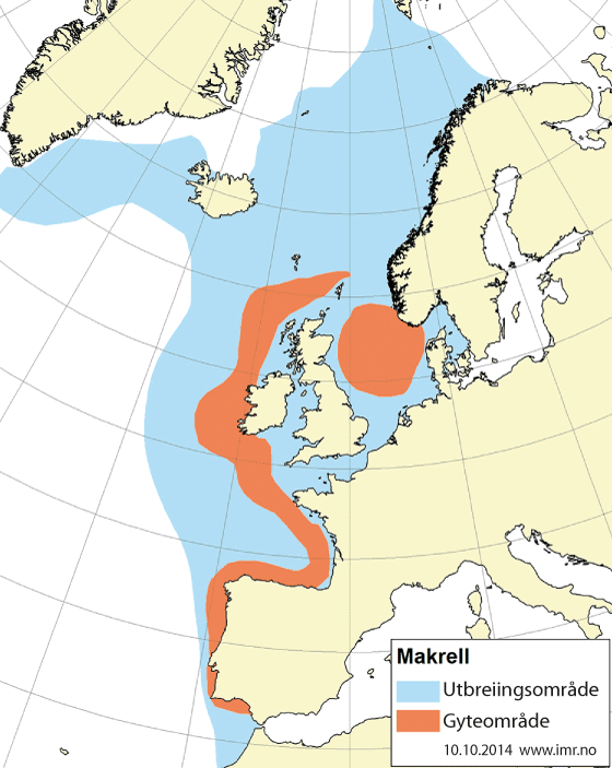 Figur 4.29 Utbreiingsområde og gyteområde for nordaust-atlantisk makrell
