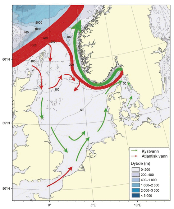 Figur 4.34 Nordsjøen og Skagerrak – straumar og djupn
