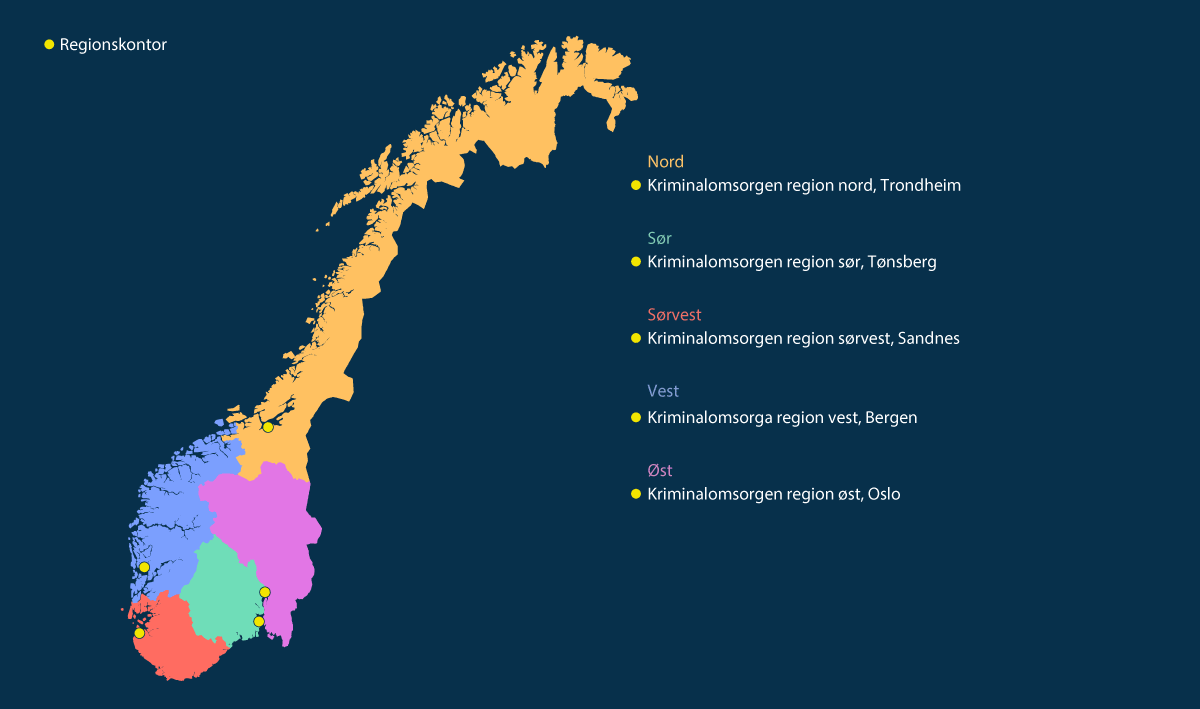 Figur 2.2 Kriminalomsorgens regioner og regionskontorer.