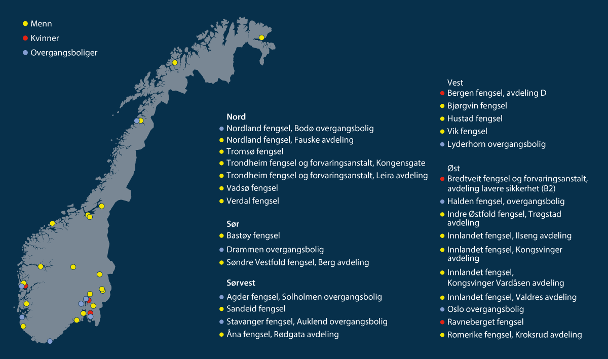 Figur 2.4 Fengsler med lavere sikkerhetsnivå og overgangsboliger.
