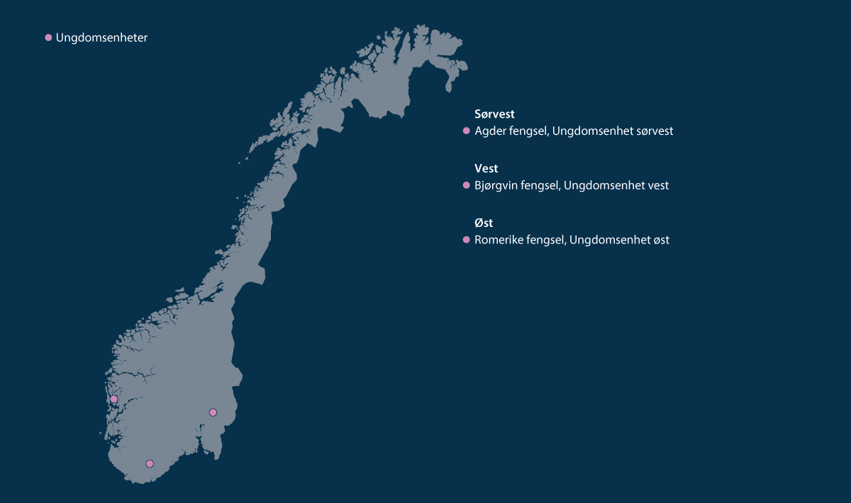 Figur 8.2 Oversiktskart over ungdomsenheter per juni 2025.