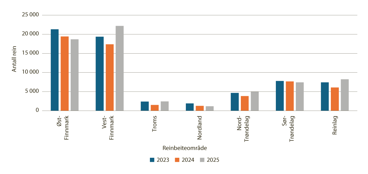 Figur 4.21 Slakteuttak (antall rein), per reinbeiteområde og reinlag 2023–2025
