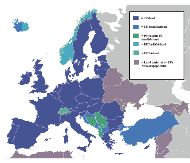 Figur 13.1 De aller fleste av EUs naboland har utviklet et bredt sett med avtaler om samarbeid med EU. Få har ønsket medlemskap i EØS.
