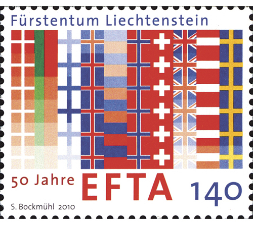 Figur 13.6 I forbindelse med EFTAs 50 årsjubileum i 2010 ble dette frimerket utgitt i Liechtenstein. Det viser flaggene til de medlemmene Island, Liechtenstein, Norge og Sveits og til de tidligere EFTA-medlemmene: Danmark, Portugal, Finland, Storbritannia, Østerrike og Sverige.