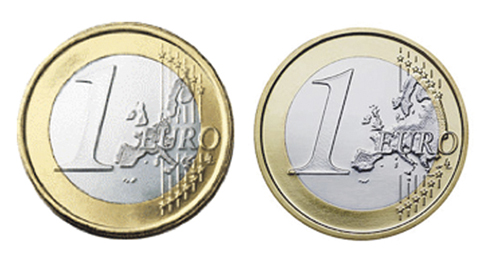 Figur 14.28 På de første euromyntene var Norge ikke på kartet (til venstre). På de nyere myntene er Norge en del av kartet.