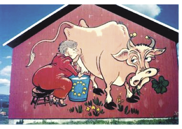 Figur 18.1 I 1994 malte en bonde på Vang i Valdres et bilde på låveveggen sin av Gro Harlem Brundtland som melket norsk landbruk for å fylle EU-bøtta. Bildet ble et kjent symbol, og solgte over 24000 t-skjorter, 2400 caps, 5000 pins, 15000 postkort og 3000 klistremerker. 