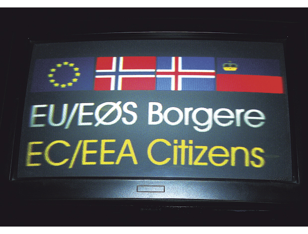 Figur 22.2 Nytt skilt på Oslo Lufthavn Gardermoen i 2003, med flaggene til EU, Norge, Island og Liechtenstein. 