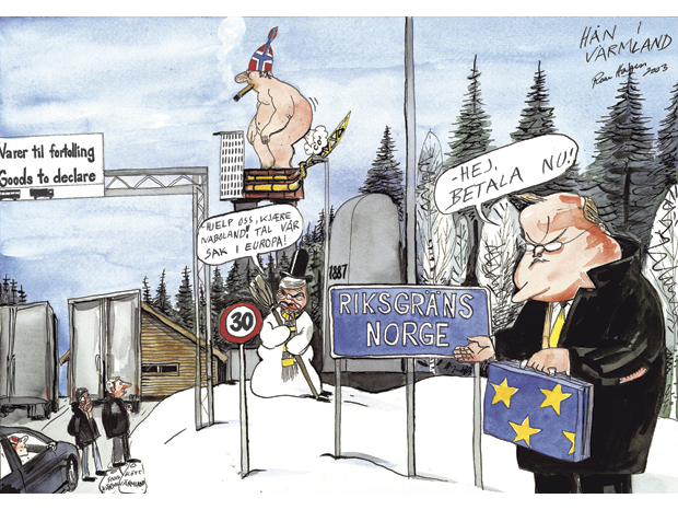 Figur 24.2 Under forhandlingene om EØS-midlene i 2004 gjorde Sveriges statsminister Göran Persson det klart at han syntes Norge som Europas rikeste land burde betale mer. VGs tegner Roar Hagen hadde denne kommentaren. 