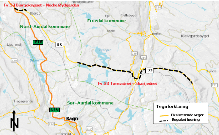 Figur 2.1 Fv 33 Skardtjernet – Tonsvatnet og Bjørgokrysset – Nedre Øydgarden, oversiktskart.
