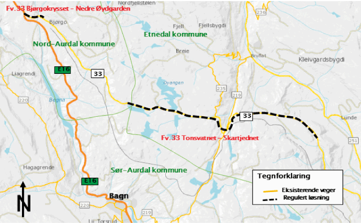Figur 2.1 Fv 33 Skardtjernet – Tonsvatnet og Bjørgokrysset – Nedre Øydgarden, oversiktskart.
