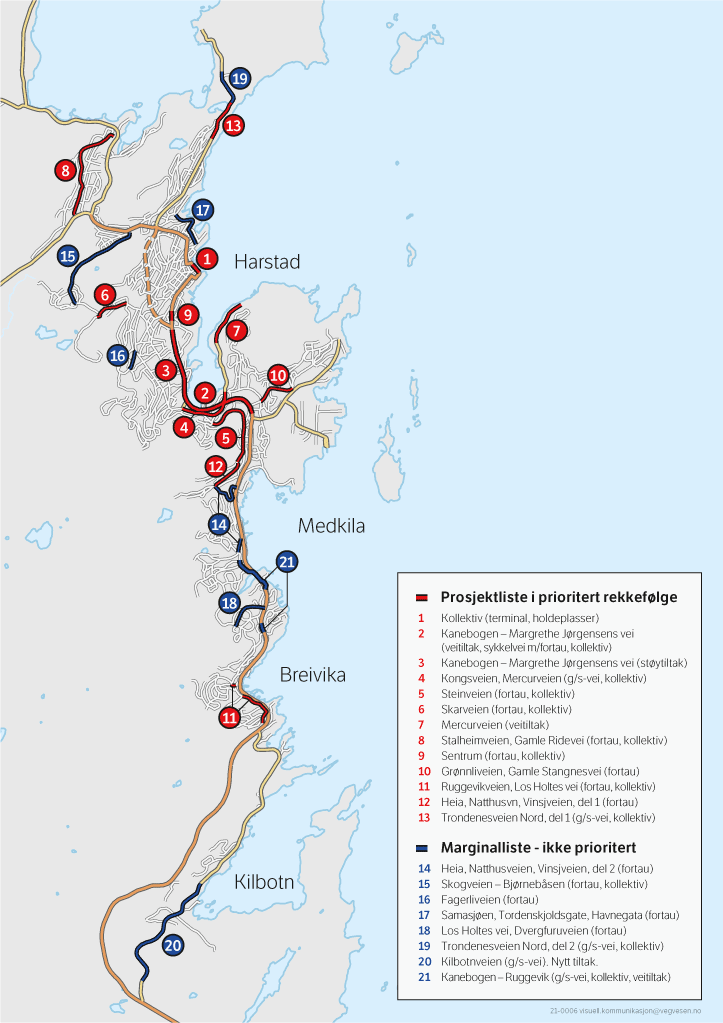 Figur 4.1 Gjenstående prosjekter og tiltak i Vegpakke Harstad