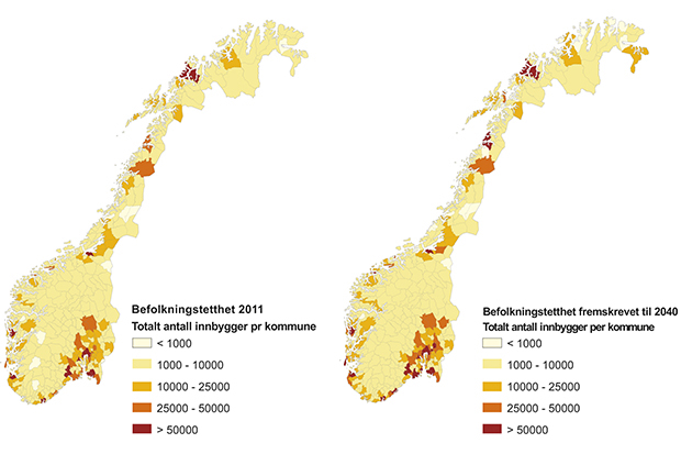 Figur 10.8 Befolkningstetthet, målt i totalt antall innbyggere per kommune, i 2011 og fremskriving for 2040.