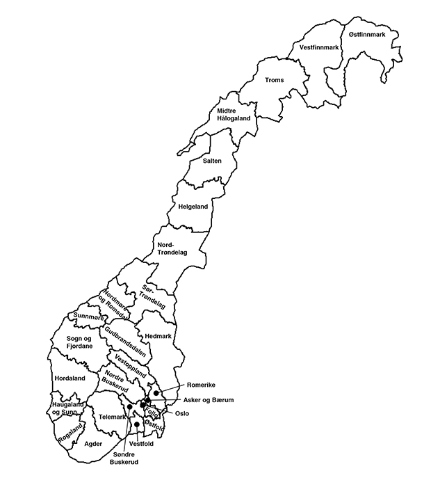 Figur 12.3 Dagens 27 politidistrikter.