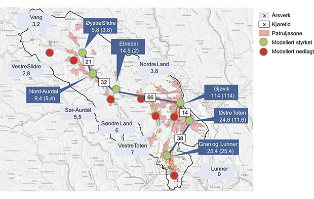 Figur 12.38 Samling av ressursene i Vestoppland politidistrikt på seks tjenestesteder. Kjøretid mellom tjenestesteder i minutter. Antall årsverk per tjenestested etter omfordeling av personell. Inkluderer ikke omdisponering av frigjorte ressurser. Årsverk er fas...