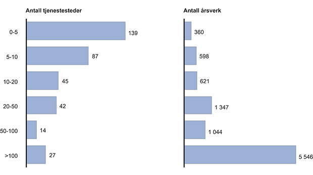 Figur 12.4 Antall tjenestesteder og årsverk for disse fordelt på tjenestesteder etter antall årsverk per tjenestested. Årsverk i hver kategori tjenestested per 31. desember 2012.