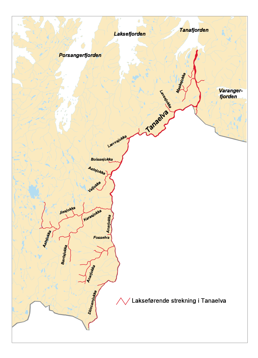 Figur 3.3 Oversikt over den norske delen av Tanavassdraget. Navnsetting
 og angivelse av lakseførende strekning er basert på Magnus
 Berg, Nord-norske lakseelver, 1964.