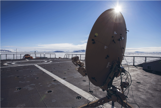Figur 7.2 Forsvarsmateriell tester bruk av satellitter for å gi bredbåndsdekning til Forsvaret nord for Svalbard.
