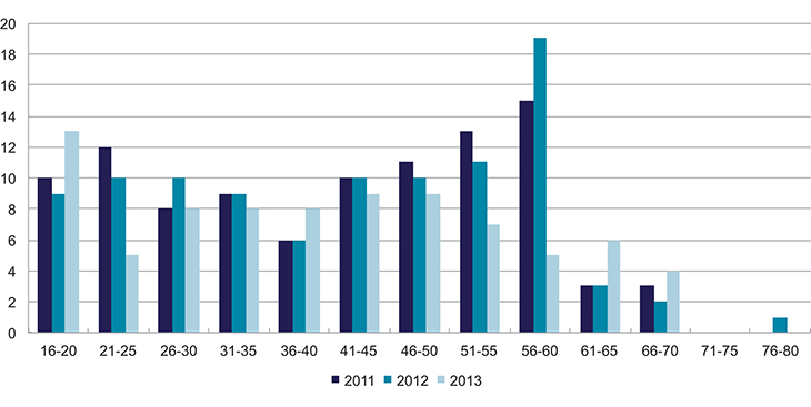 Figur 6.1 Antall innvilgede søknader om fravik fra helsekrav etter aldersgruppe i 2011, 2012 og 2013
