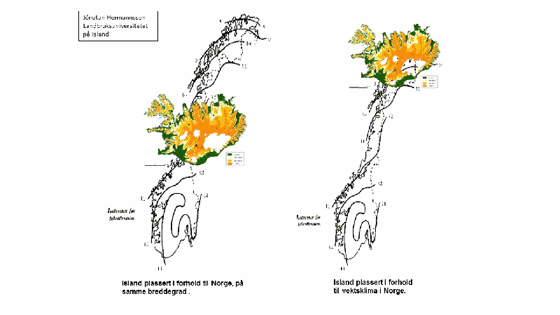 Island plassert i forhold til Norges hhv breddegrad og vekstklima.