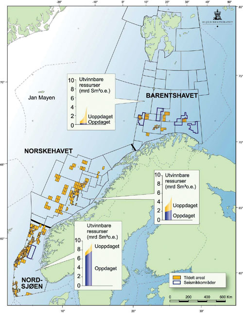 Figur 5.1 Letestatus på kontinentalsokkelen: oppdagede og uoppdagede
 utvinnbare ressurser samt konsesjonsbelagt areal.