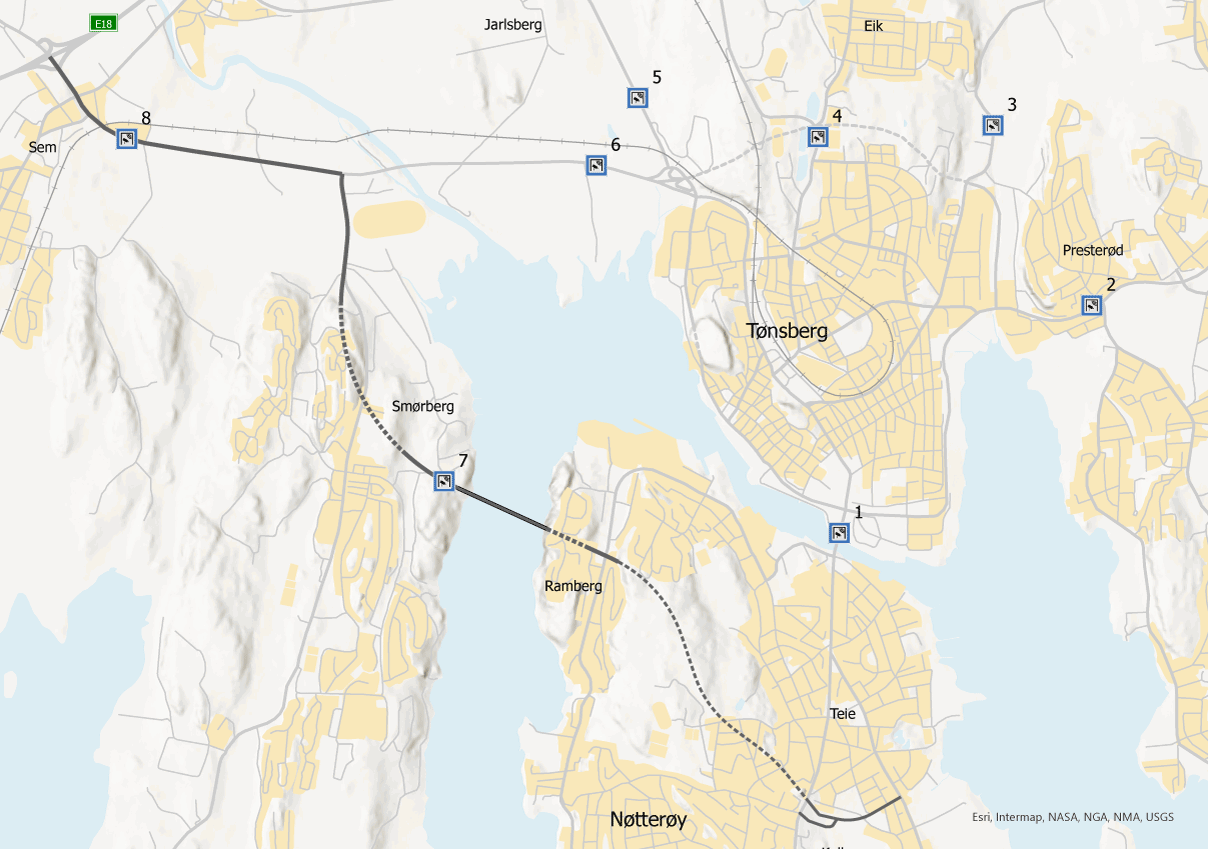 Figur 6.1 Kart med plassering av bomstasjoner