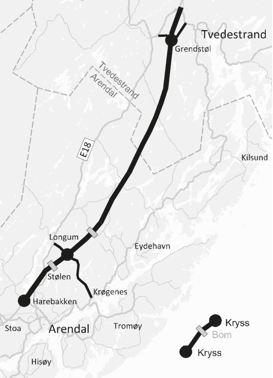 Figur 2.1 Oversiktskart E18 Tvedestrand – Arendal