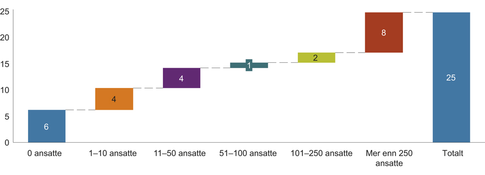 Figur 4.2 Aksjeemisjoner i Norge utenfor børs for bedrifter i ulike størrelseskategorier målt ved antall ansatte. Milliarder kroner. 2015.
