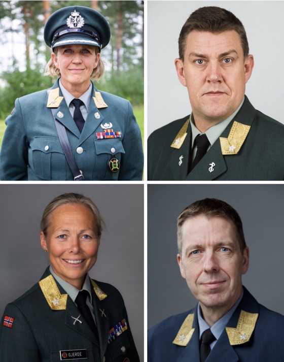 Fra øverst til venstre. Elisabeth Gifstad Michelsen blir Heimevernets nye sjef. Henning-André Frantzen blir sjef for Forsvarets høgskole, Ingrid Margrethe Gjerde blir sjef for planavdelingen i Forsvarsstaben og Trond Kotte blir sjef for økonomiavdelingen i Forsvarsstaben