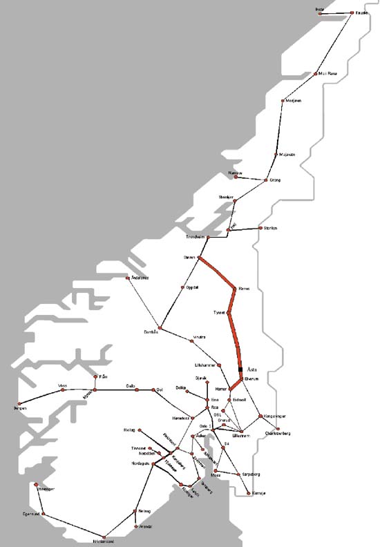Figur 3.1 Rørosbanens beliggenhet i Norge