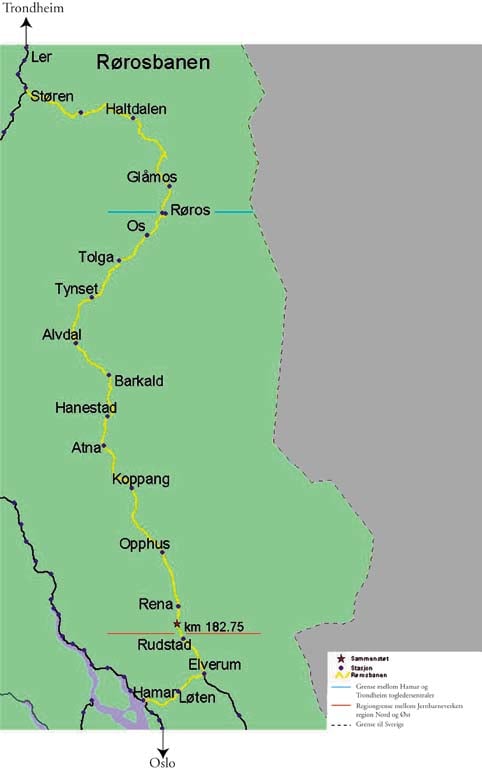 Figur 3.5 Rørosbanen Hamar-Støren med stasjoner, regiongrenser
 og grense mellom de områder tog-ledersentralene overvåker