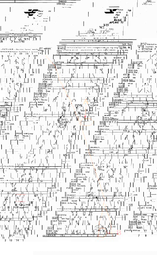 Figur 3.6 Utsnitt av grafisk ruteblad for Rørosbanen 4. januar
 2000. Ruten til tog 2302 og 2369 er markert med rødt. A
 og B viser hvor konduktør Arnebergs henholdsvis lokomotivfører
 Lodgaards mobiltelefonnumre ble notert