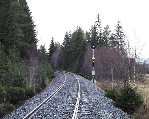 Figur 4.5 Grønt forsignal innkjør til Rudstad stasjon
 sett sydfra