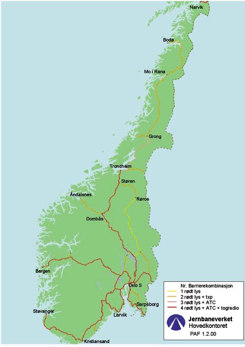Figur 8.4 Barrierekombinasjoner på de ulike banestrekninger
 i Norge. Rørosbanen er eneste fjernstyrte strekning med
 kun en barriere