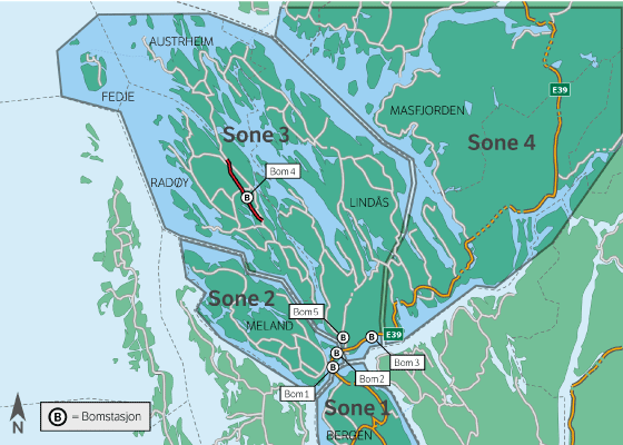 Figur 5.1 Nordhordlandspakken – soner/snitt for bompengeinnkrevjing. 
