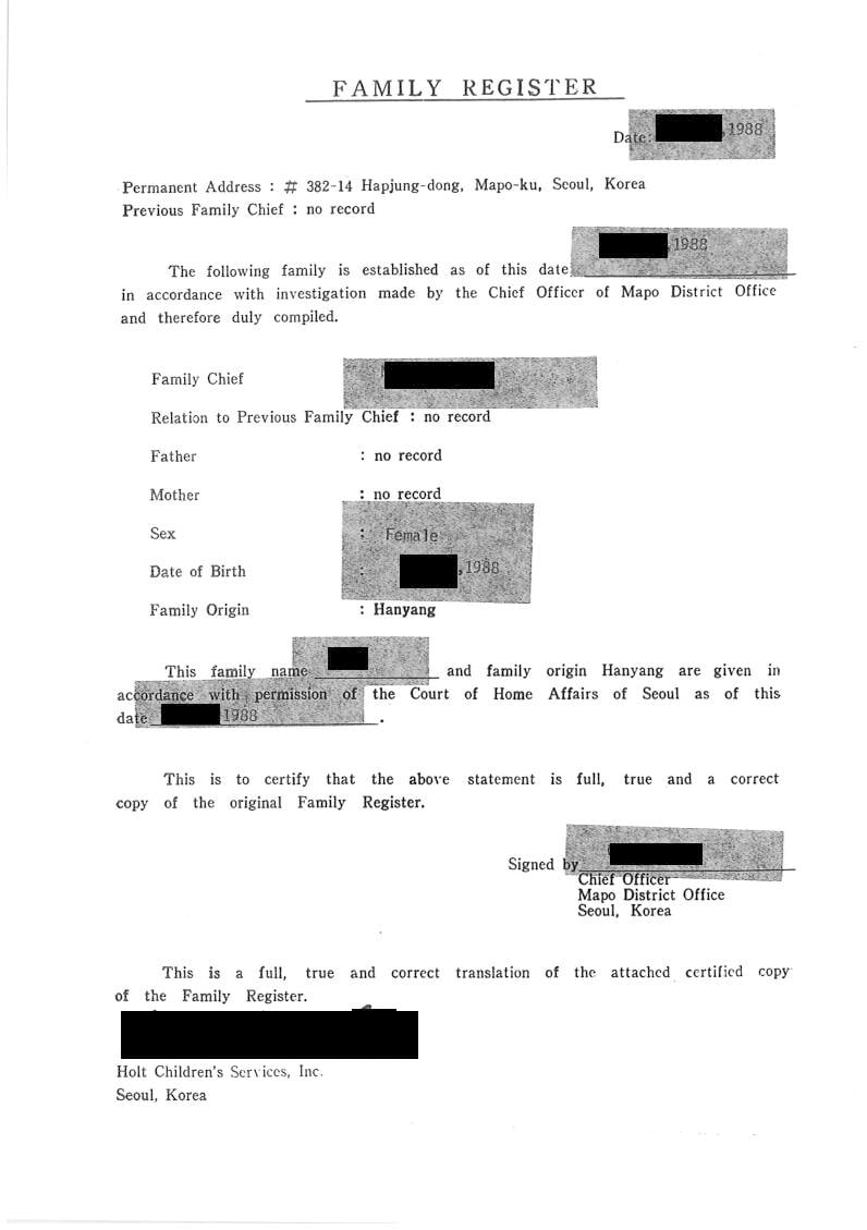 Figur 19.2 Eksempel på en engelsk oversettelse av en registering av et barn på en nyopprettet familie i familieregisteret (orphan hojoek)