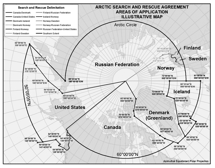 Figur 1.1 Ansvarsområde i avtale om søk og redning i Arktis